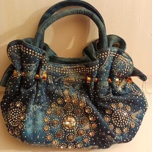 Blue Denim Jean Hobo Satchel Rhinestone Handbag '90s Y2K Boho Bling Purse VTG